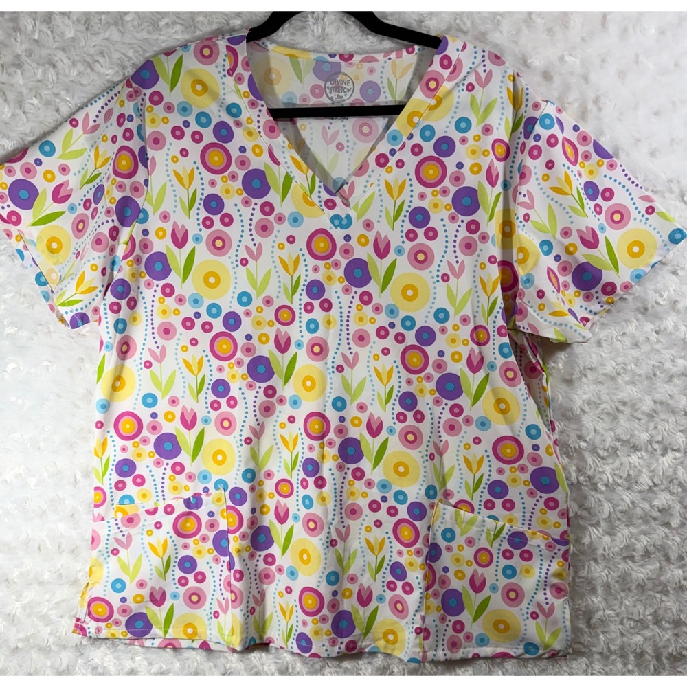 Divine Stretch by JDM Womens 2X Floral Polka Dot V-Neck Multi-Color Scrub Top